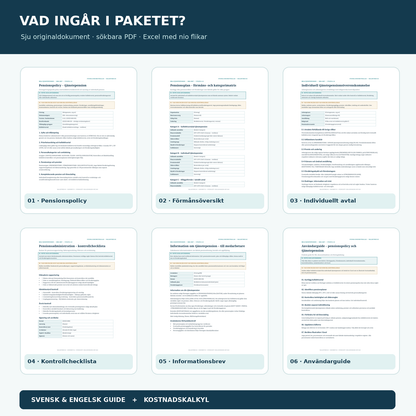 Innehåll pensionspolicy: pensionsplan, individuell överenskommelse, checklista och medarbetarinformation