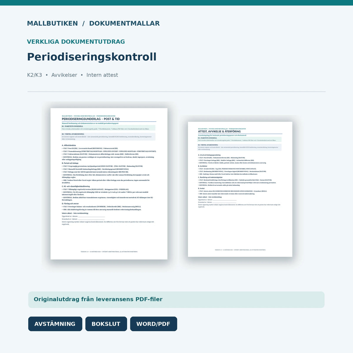 Periodiseringsunderlag, K2 K3 kontroll och avstämningsprotokoll – dokumentutdrag Word PDF