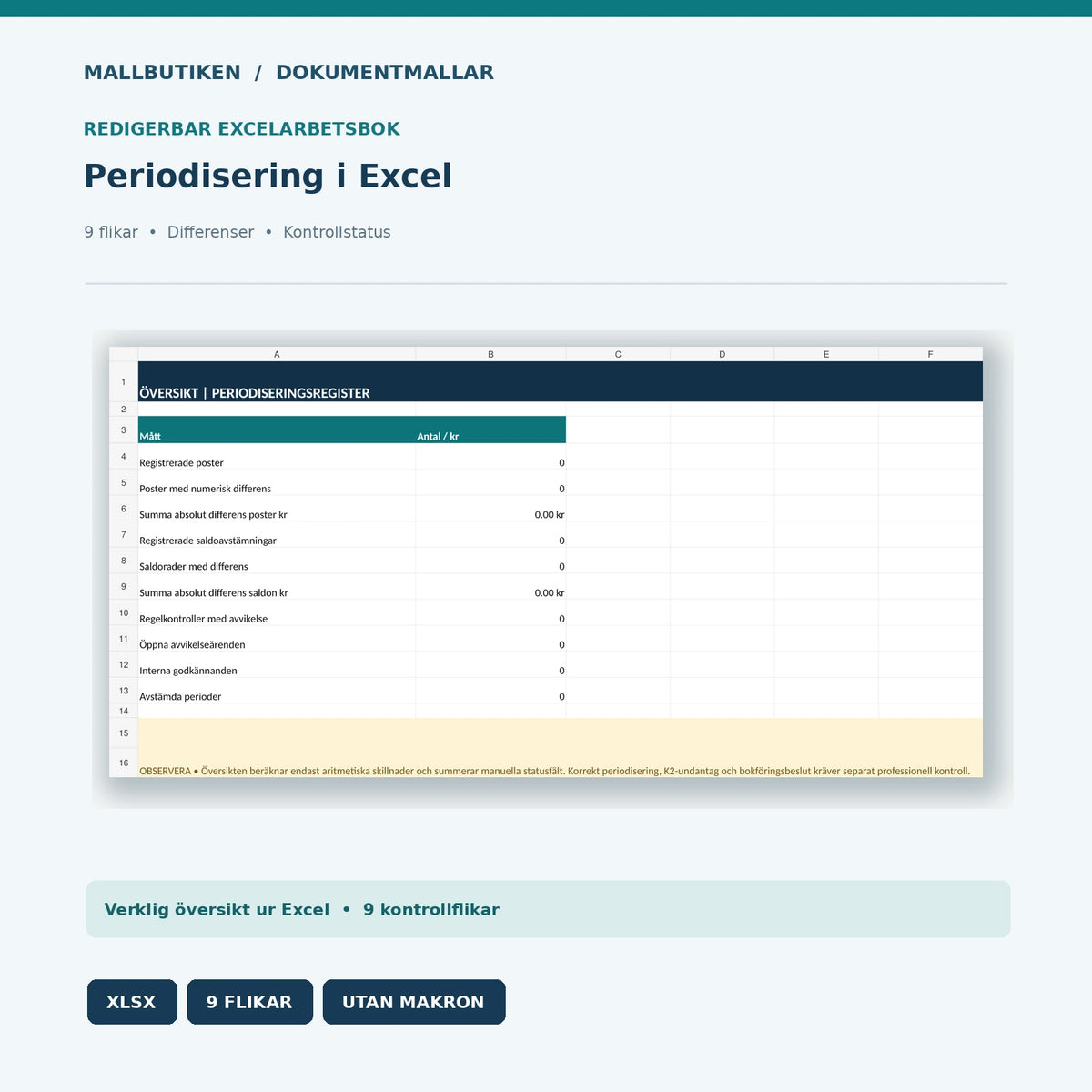 Excel periodiseringsregister – nio flikar för saldon differenser och attest