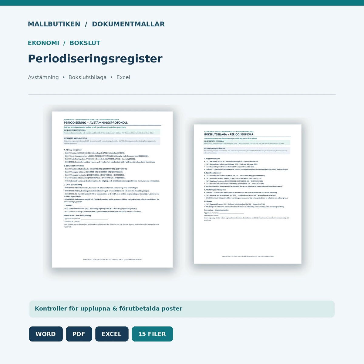 Periodiseringsregister och bokslutsavstämning Word PDF Excel – 15 kundfiler