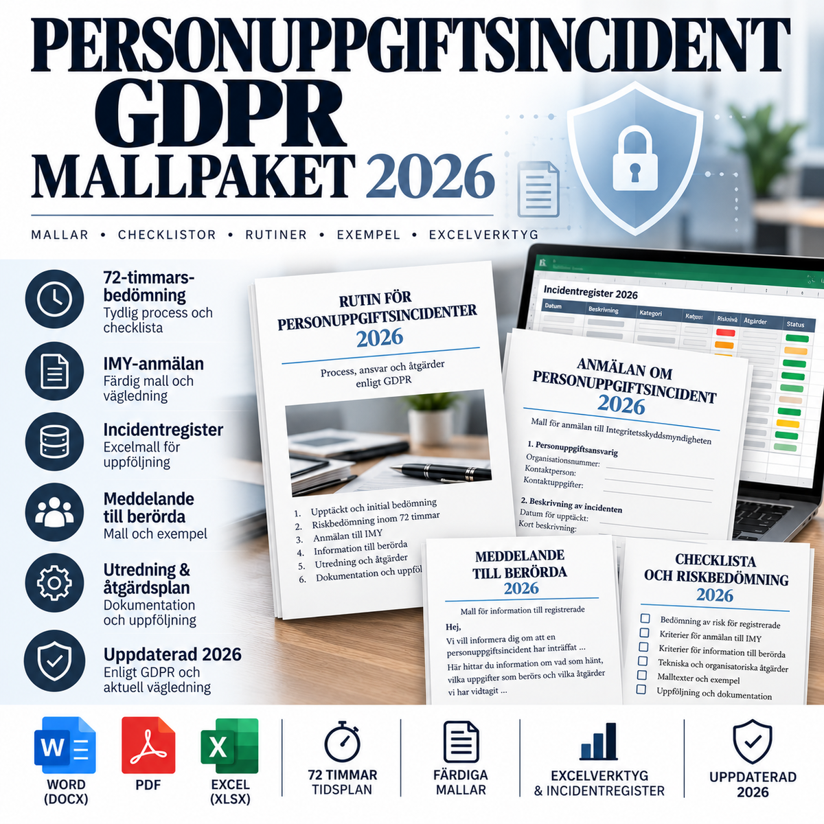 Personuppgiftsincident GDPR Mallpaket 2026 – Word, PDF och Excel