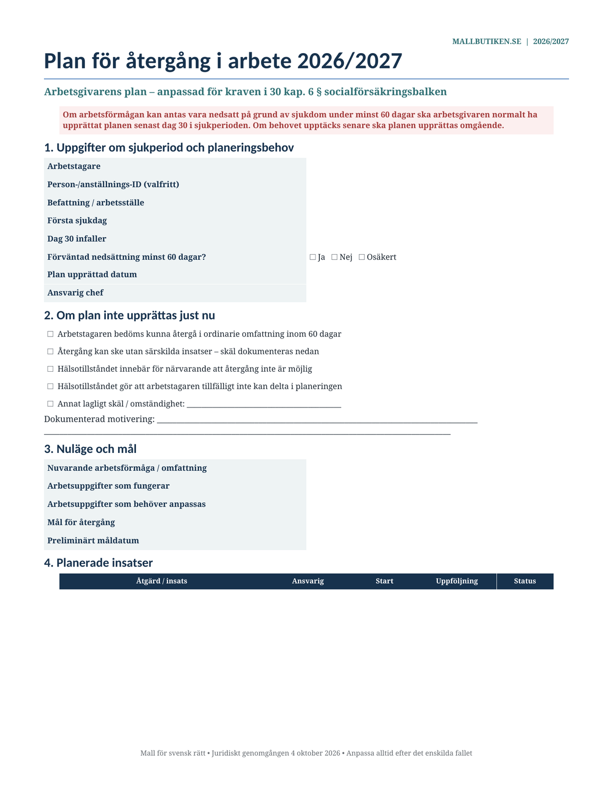 Plan för återgång i arbete 2026/2027 dag 30 60 dagar Word PDF