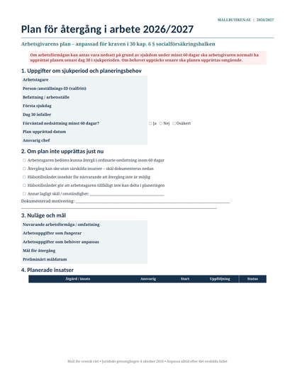 Plan för återgång i arbete 2026/2027 dag 30 60 dagar Word PDF