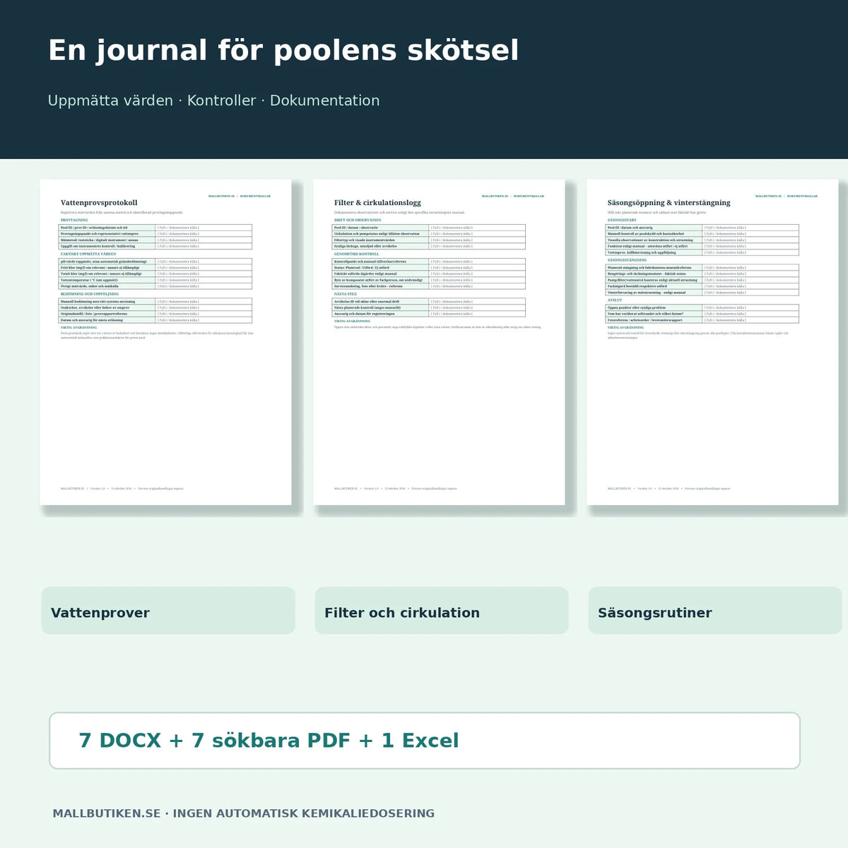 Poolens vattenprovsprotokoll, filterkontroll och säsongschecklista i Word/PDF