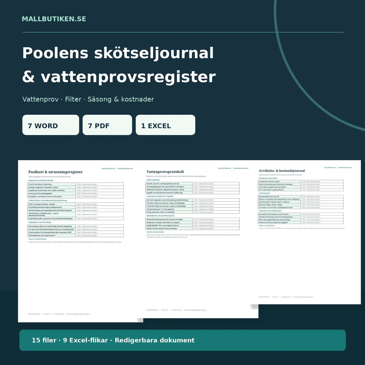 Poolens skötseljournal & vattenprovsregister – faktiska Word- och PDF-mallar