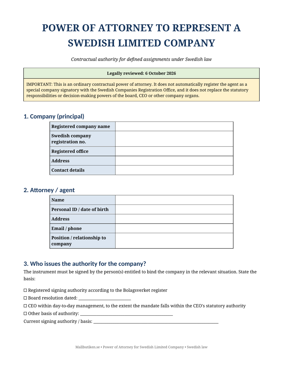Preview of English Power of Attorney template for a Swedish limited company