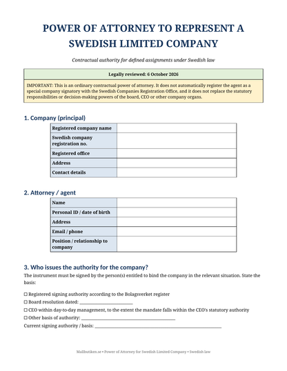 Preview of English Power of Attorney template for a Swedish limited company