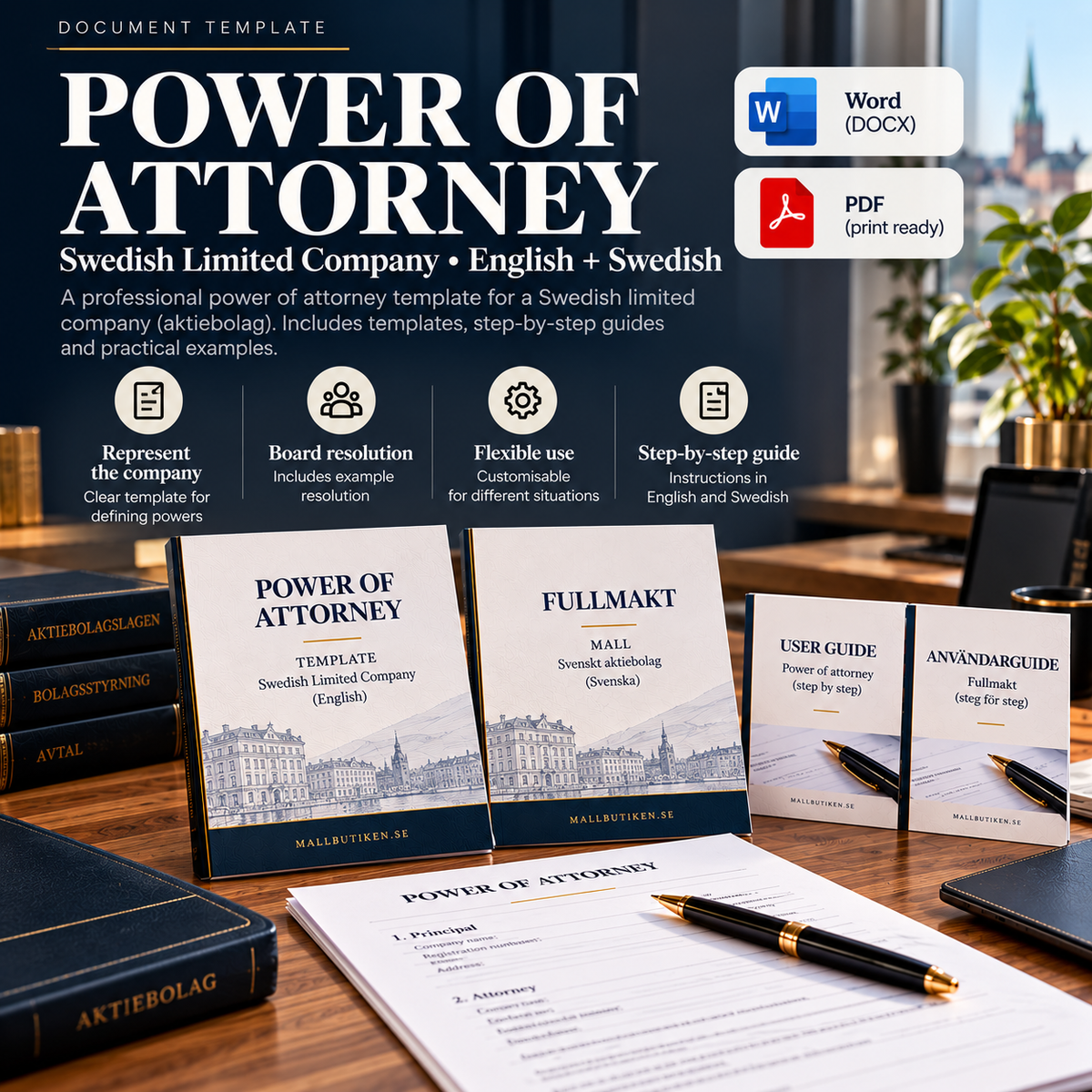 Power of Attorney for a Swedish Limited Company – English Word/PDF template with Swedish reference and user guides