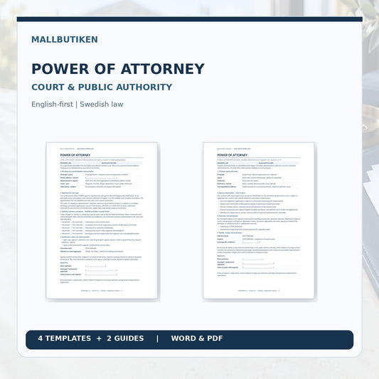 Power of Attorney for Swedish civil courts and public authorities - English Word PDF with Swedish references and guides