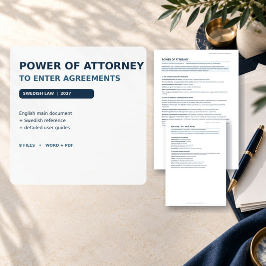 Power of Attorney to Enter Agreements English template governed by Swedish law, Word PDF, Swedish reference and user guides