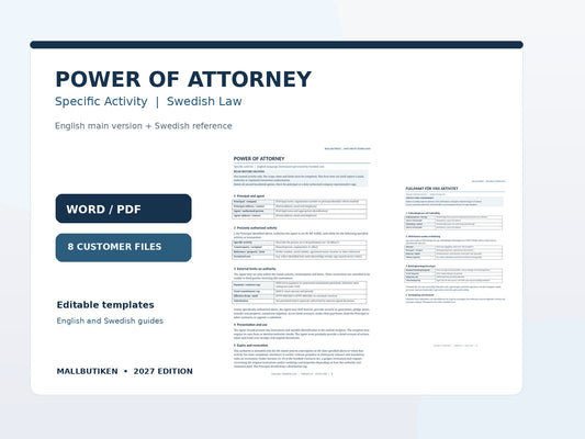 Power of Attorney Specific Activity English main template Word PDF, Swedish reference and user guides 2027