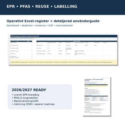 PPWR Excel dashboard EPR PFAS återanvändning refill märkning 2026 2027