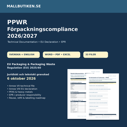 PPWR förpackningscompliance 2026/2027 svenska engelska Word PDF Excel