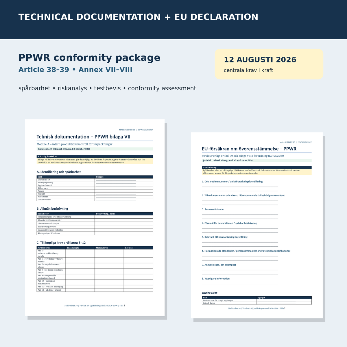 PPWR teknisk dokumentation bilaga VII och EU-försäkran bilaga VIII