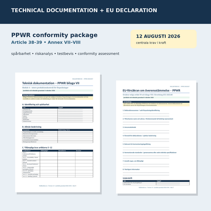 PPWR teknisk dokumentation bilaga VII och EU-försäkran bilaga VIII