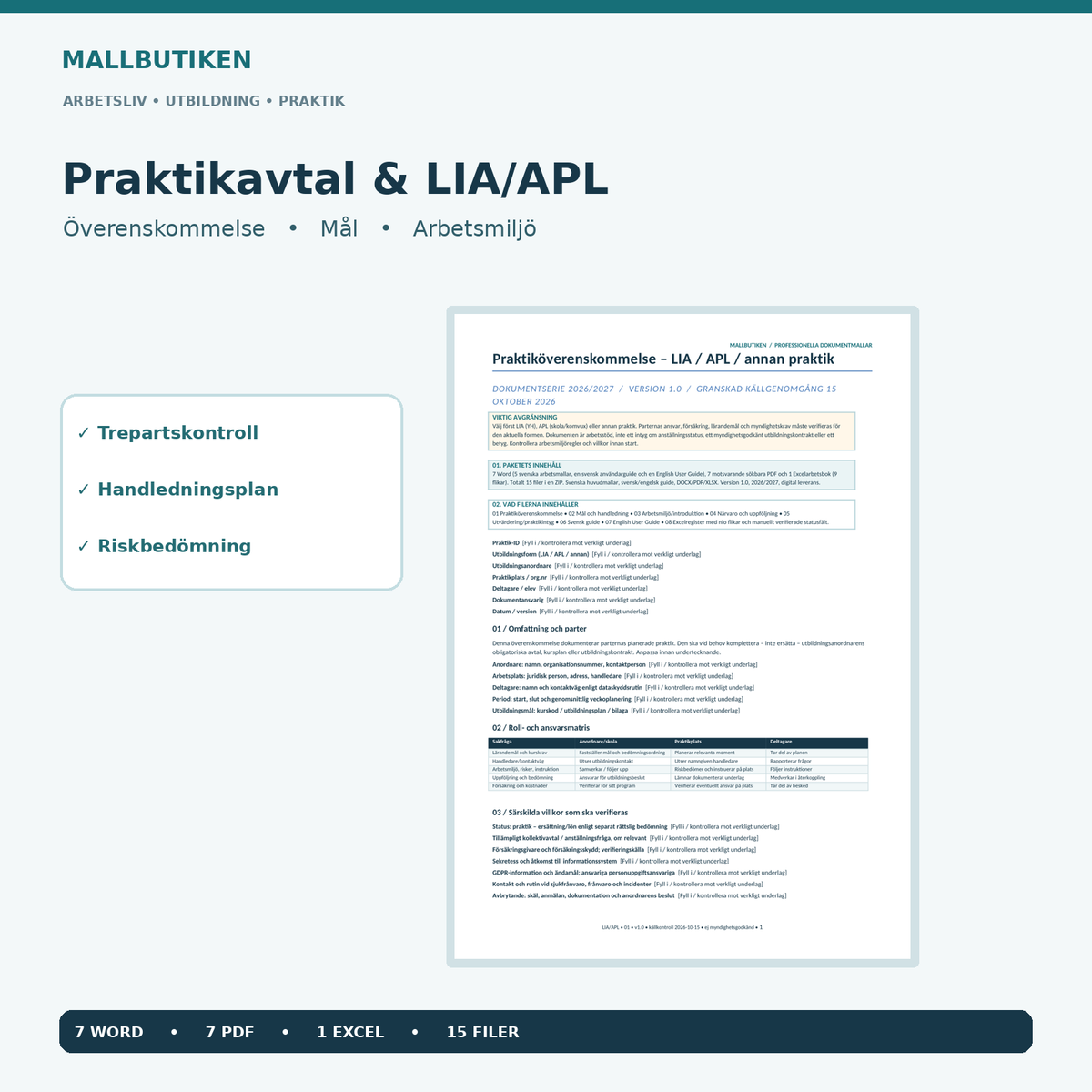 Praktikavtal LIA APL Word PDF Excel – verkligt dokument och 15 filer