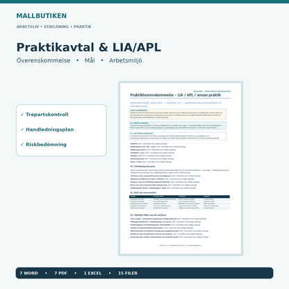 Praktikavtal LIA APL Word PDF Excel – verkligt dokument och 15 filer