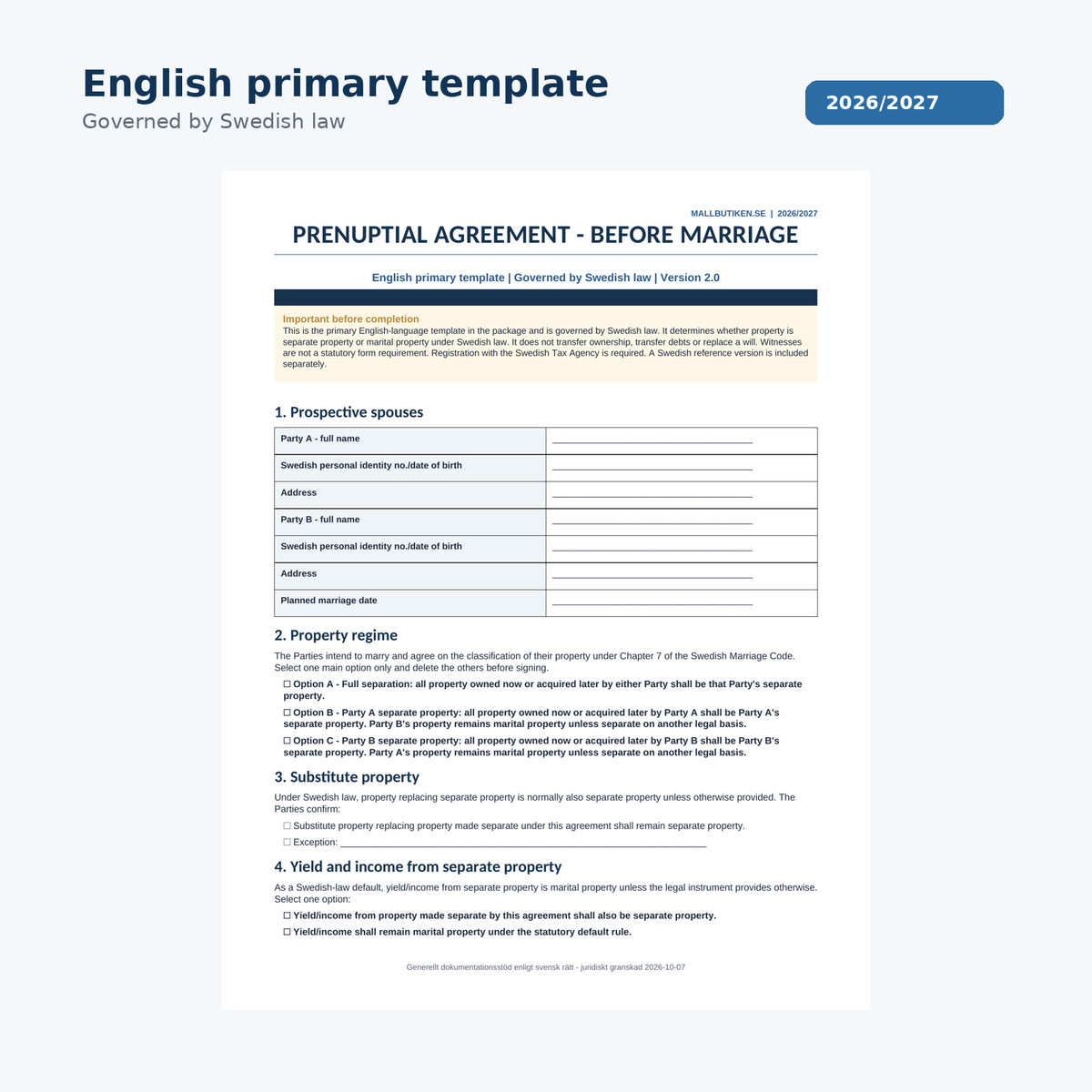Preview of English prenuptial agreement governed by Swedish law 2026/2027