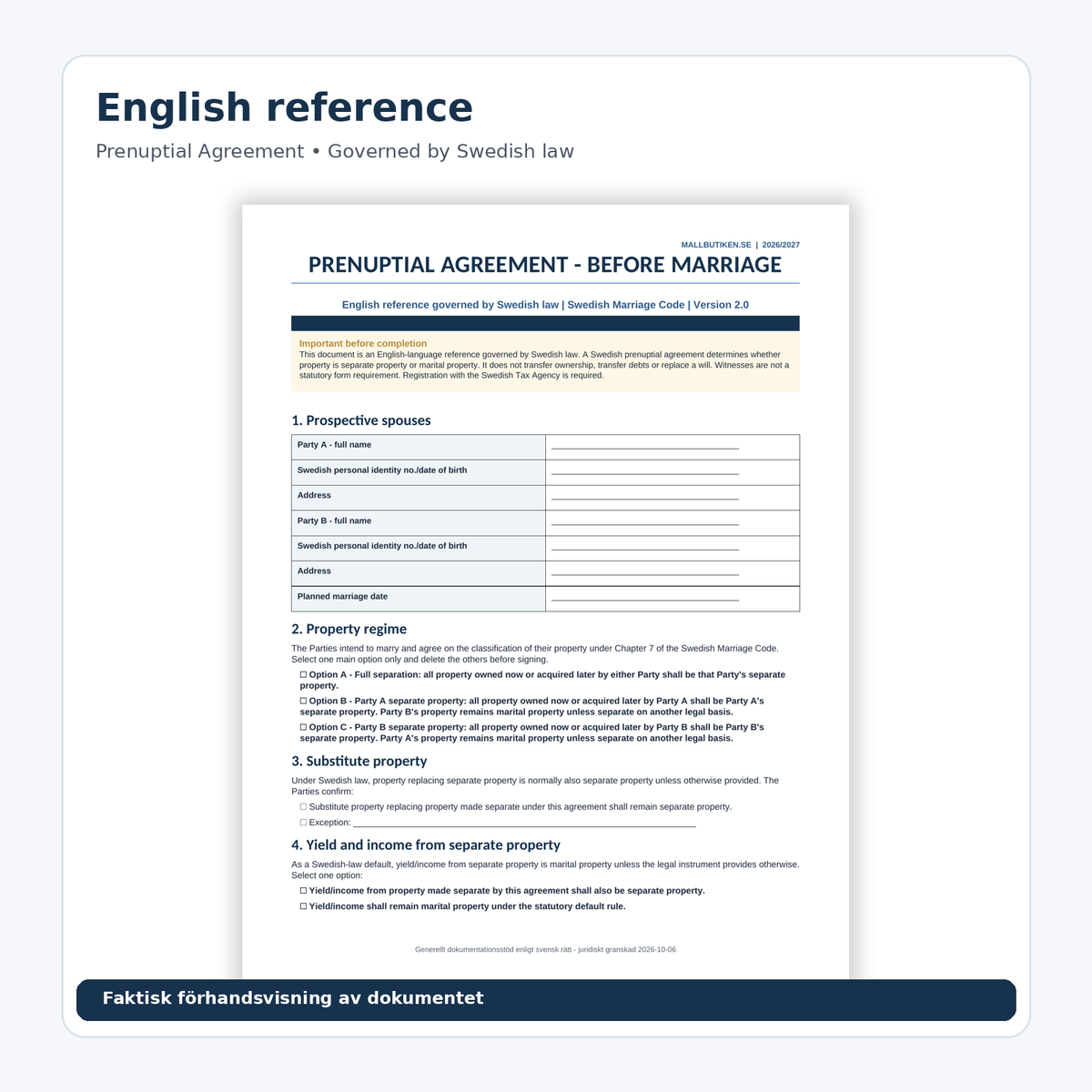 English reference preview of prenuptial agreement governed by Swedish law