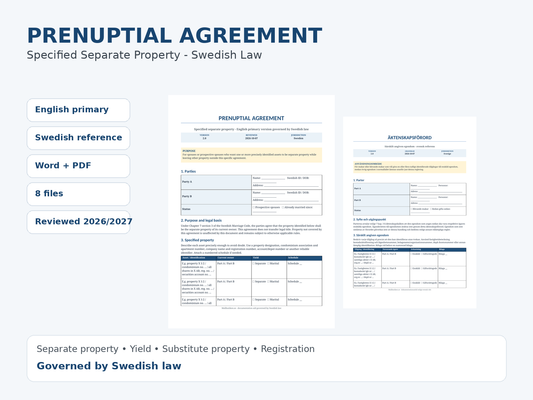 Prenuptial Agreement for Specified Separate Property under Swedish law – English Word/PDF with Swedish reference and guides