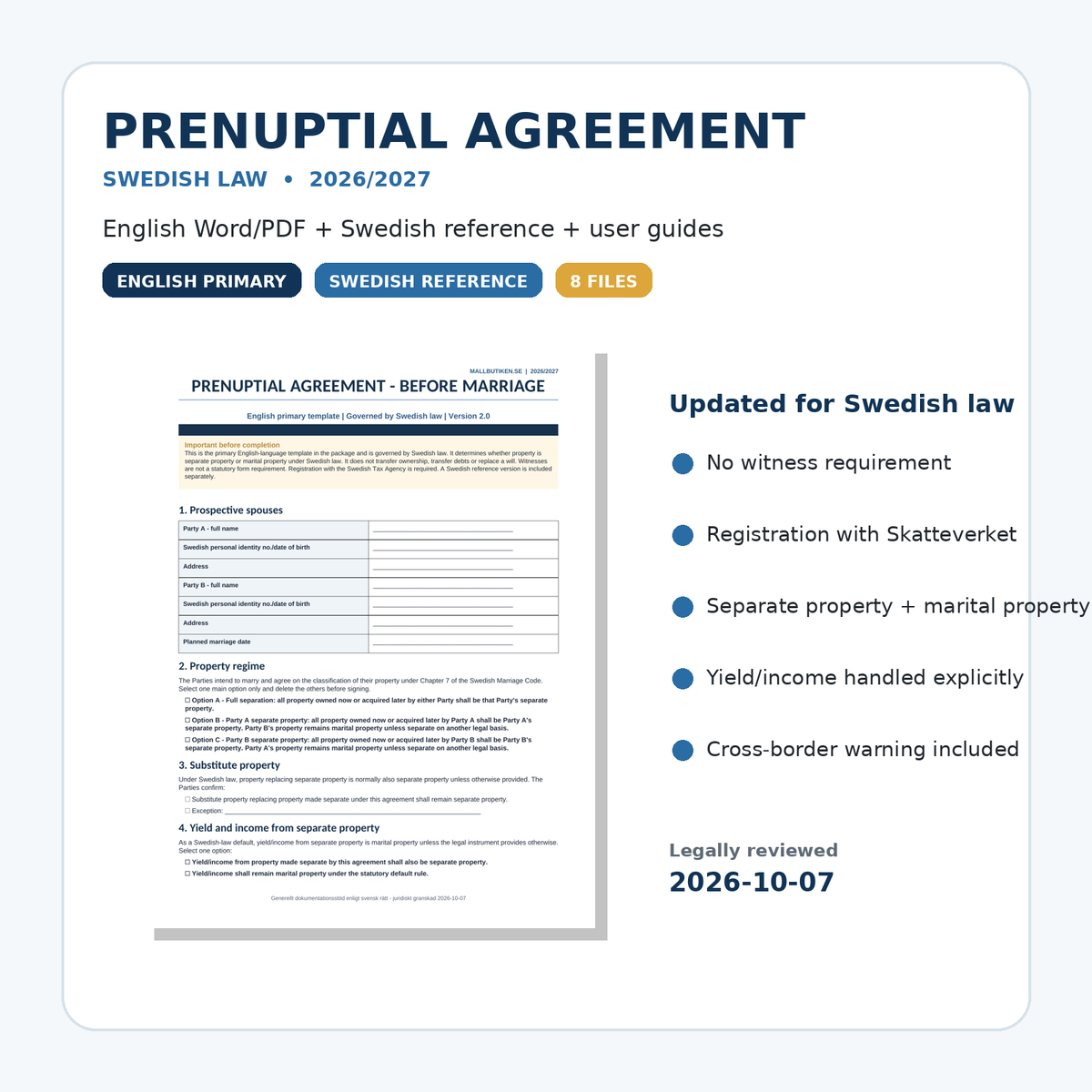 Prenuptial Agreement under Swedish law – English Word/PDF template with Swedish reference and user guides