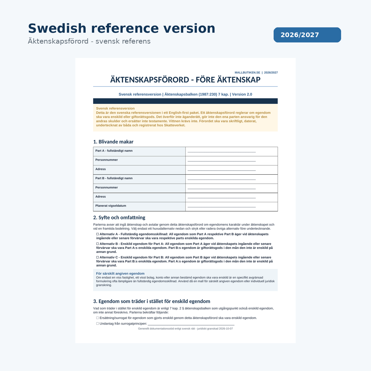 Swedish reference preview included with the English prenuptial agreement