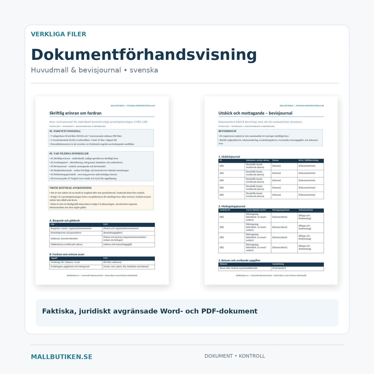Förhandsvisning av den faktiska skriftliga erinran och bevisjournalen i Word och PDF