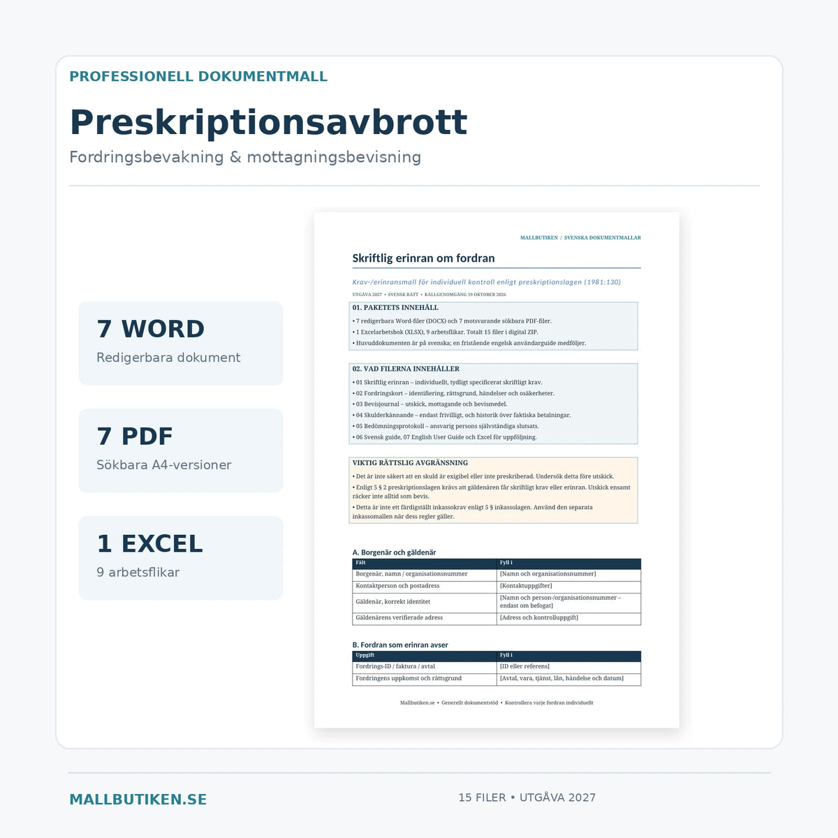 Preskriptionsavbrott och fordringsbevakning 2027 med bild av verklig svensk Wordmall och 7 Word, 7 PDF, 1 Excel