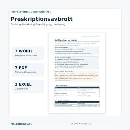 Preskriptionsavbrott och fordringsbevakning 2027 med bild av verklig svensk Wordmall och 7 Word, 7 PDF, 1 Excel