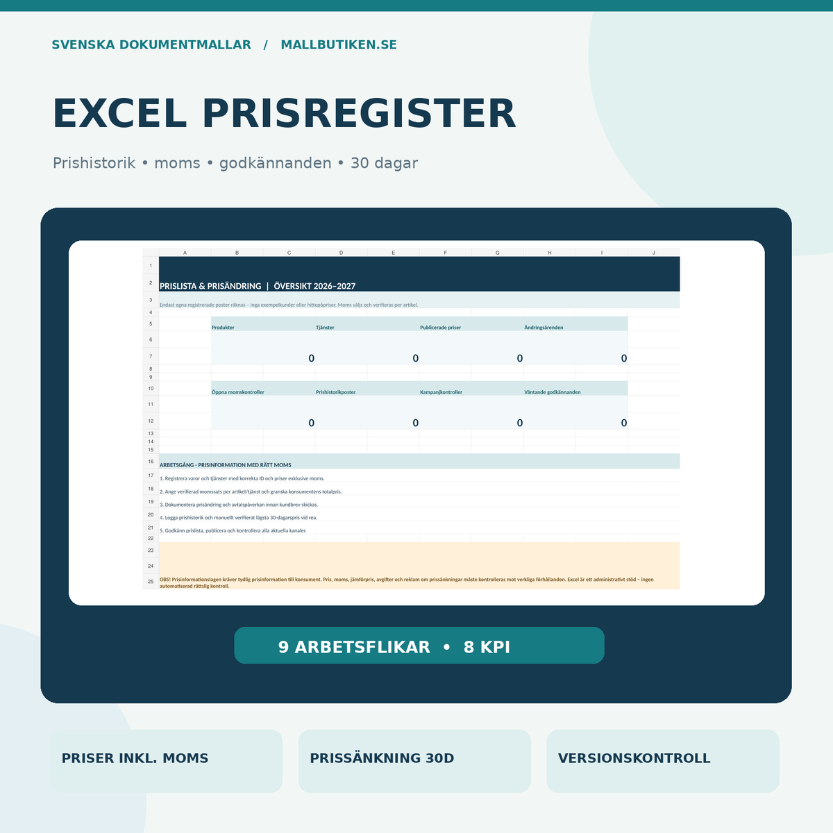 Excel prisregister – nio flikar med momsberäkning, prishistorik, prisändring och godkännande