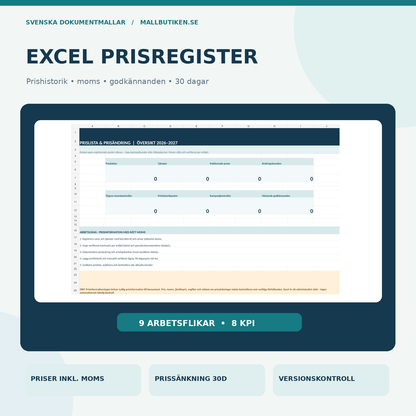 Excel prisregister – nio flikar med momsberäkning, prishistorik, prisändring och godkännande