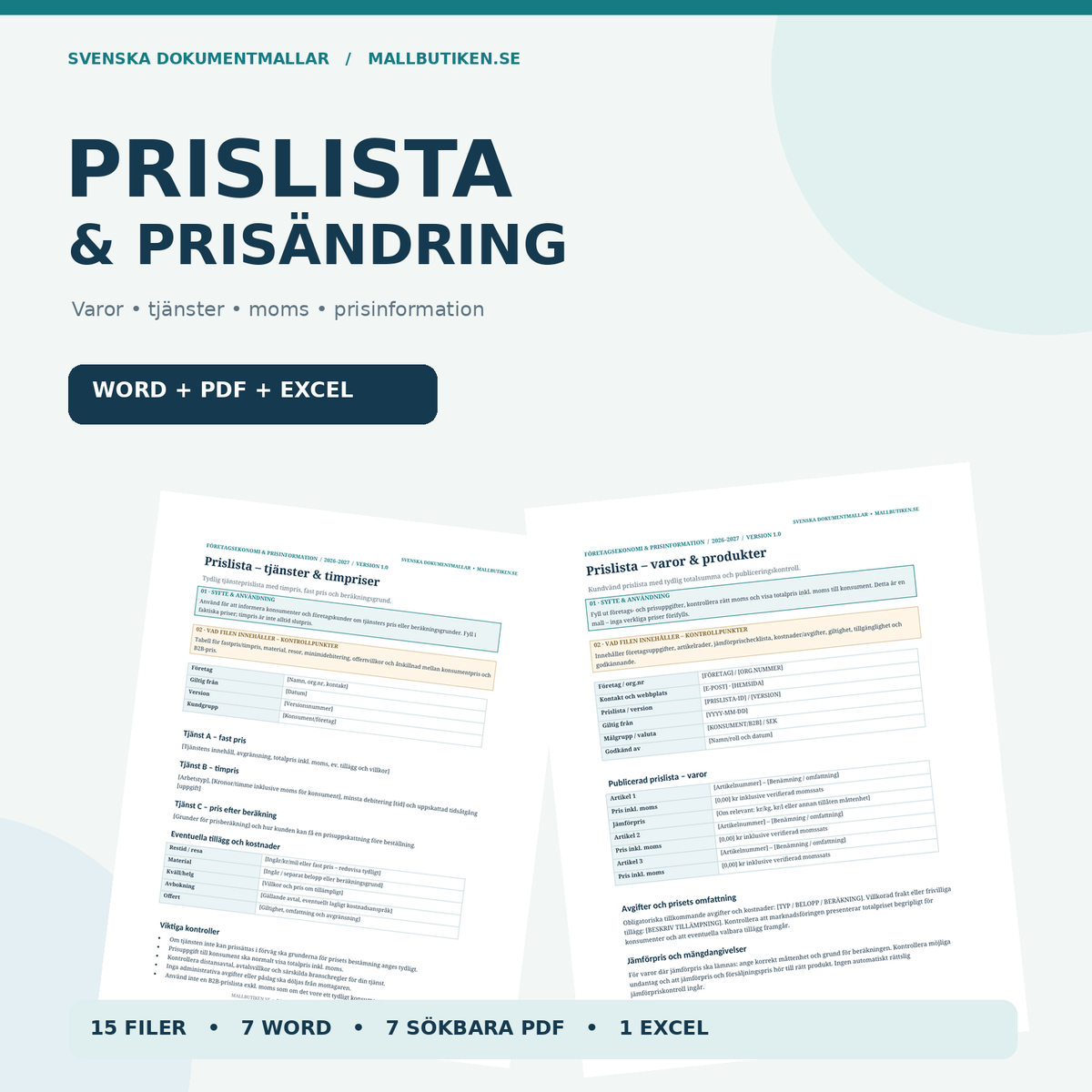 Prislista & prisändring 2027 – Word, PDF och Excel, produktbilder från verkliga mallar