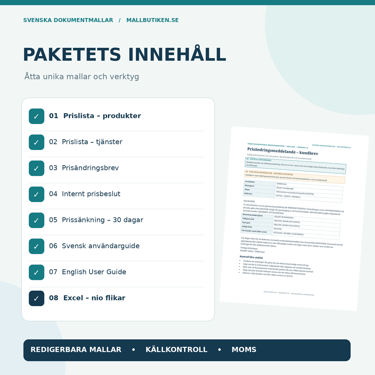 Prislista mall – varor, tjänster, prisändringsbrev, beslut, 30 dagars priskontroll och guider