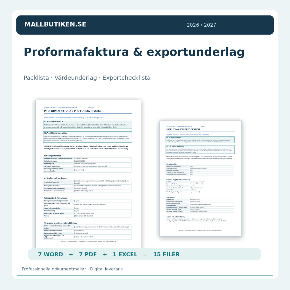 Proformafaktura och exportunderlag 2026/2027 Word PDF Excel