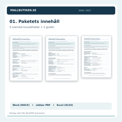 Paketets innehåll och vad filerna innehåller – proformafaktura och packlista