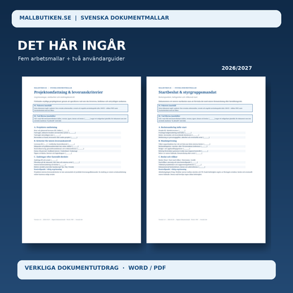 Förhandsvisning av svenska arbetsmallar för projektomfattning och startbeslut