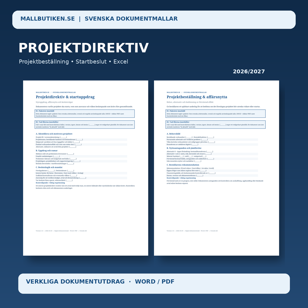 Projektdirektiv och projektbeställning – Word PDF Excel med verkliga projektmallar