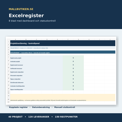 Projektöverlämning i Excel med dashboard för projekt, leveranser, restpunkter och dokumentkontroll