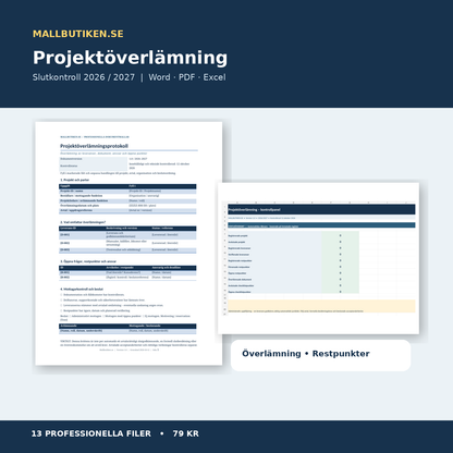 Projektöverlämning Slutkontroll 2026/2027 – Word PDF Excel komplett mallpaket