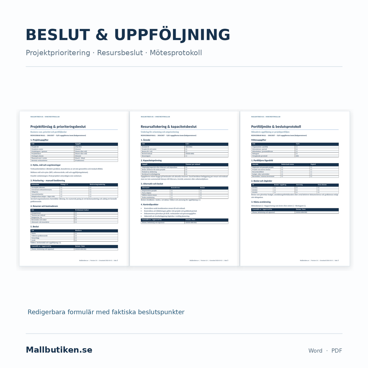 Projektförslag, prioritering, resursbeslut och portföljmötesprotokoll – redigerbara Word och PDF-mallar