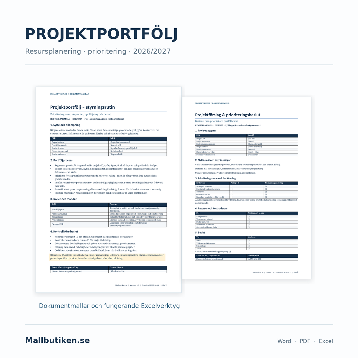 Projektportfölj och resursplanering 2026/2027 – Word PDF och Excel med dokumentförhandsvisning