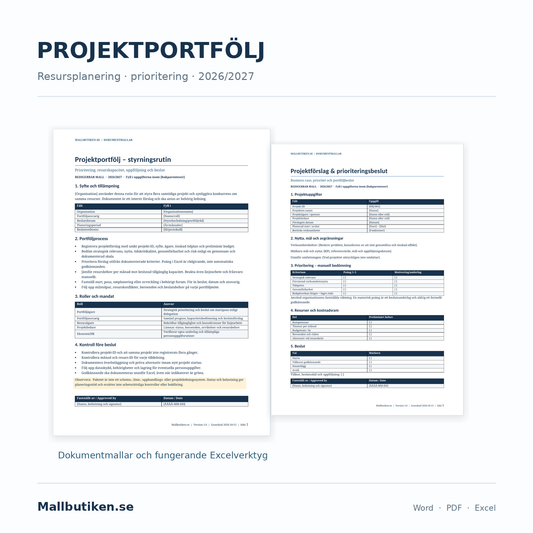 Projektportfölj och resursplanering 2026/2027 – Word PDF och Excel med dokumentförhandsvisning