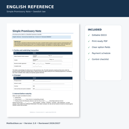 English reference preview of simple promissory note for Swedish business transfer