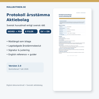 Protokoll årsstämma aktiebolag – svensk Word- och PDF-mall med röstlängd och guide