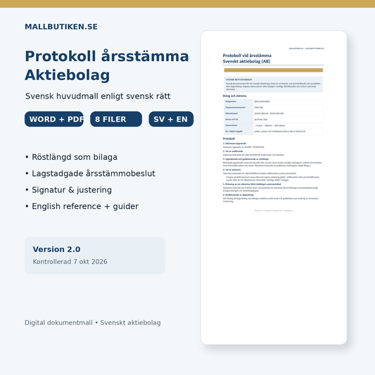 Protokoll årsstämma aktiebolag – svensk Word- och PDF-mall med röstlängd och guide