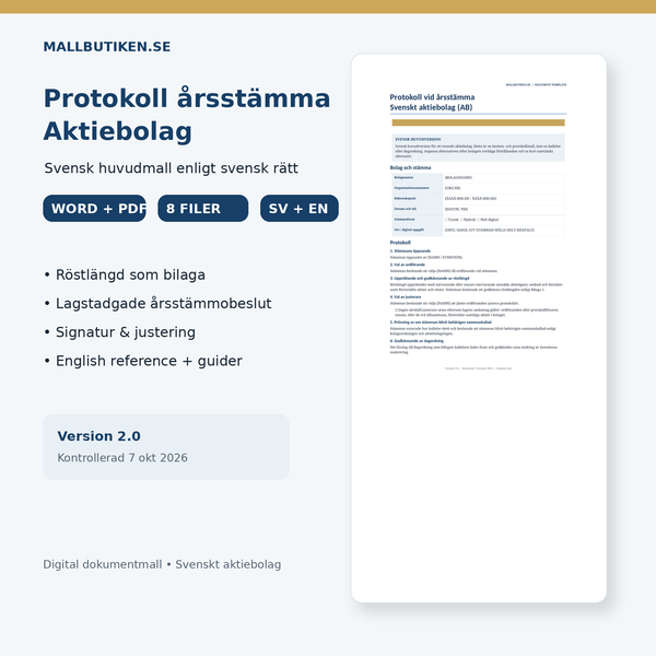 Protokoll årsstämma aktiebolag – svensk Word- och PDF-mall med röstlängd och guide