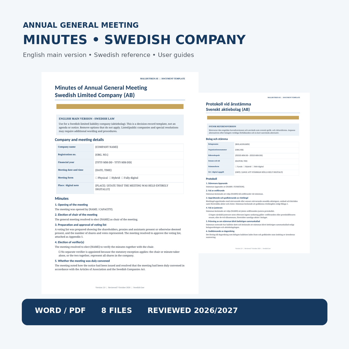 Annual General Meeting minutes for a Swedish limited company – English Word and PDF template