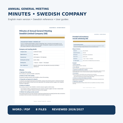 Annual General Meeting minutes for a Swedish limited company – English Word and PDF template