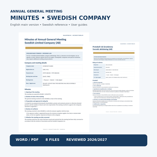 Annual General Meeting minutes for a Swedish limited company – English Word and PDF template