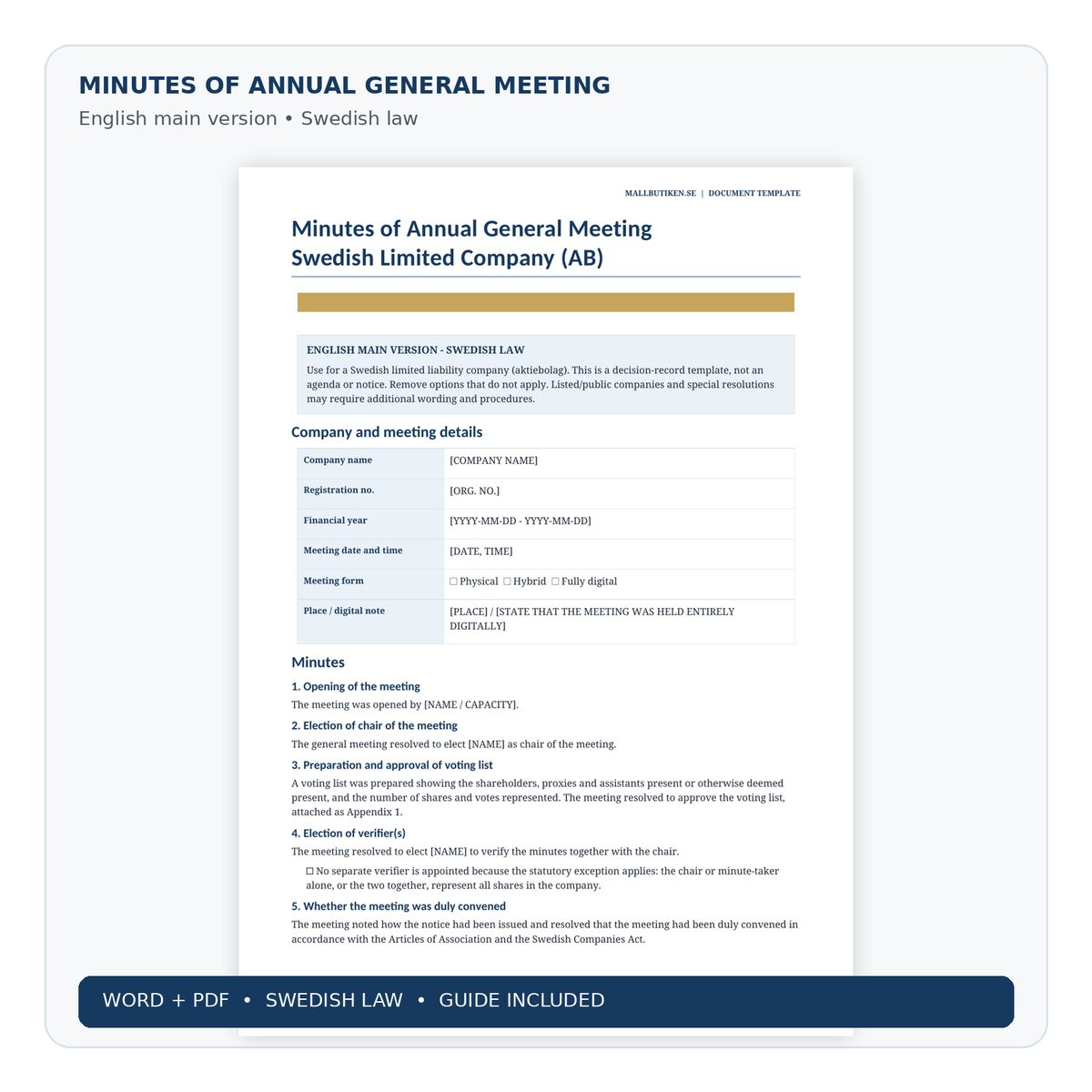 English annual general meeting minutes template for Swedish company
